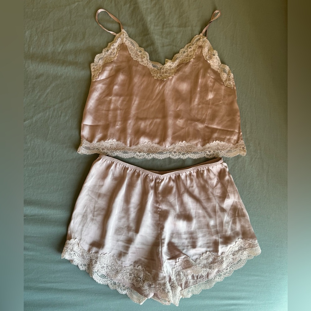 H&M Blush Pink Lace-Trim Silky Cami & Shorts Set